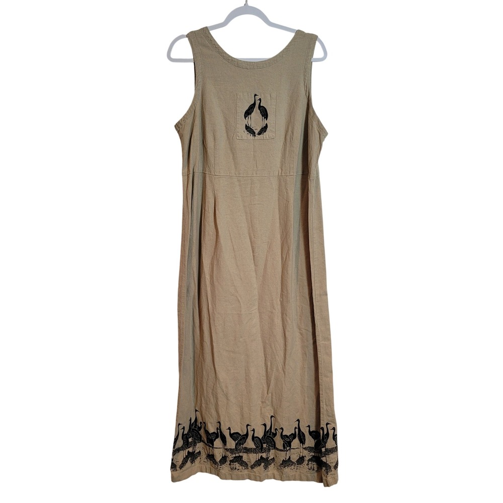 Jaclyn Smith Plus Tan Linen Blend Crane Print Artsy Maxi Dress Size 1X Summer‎